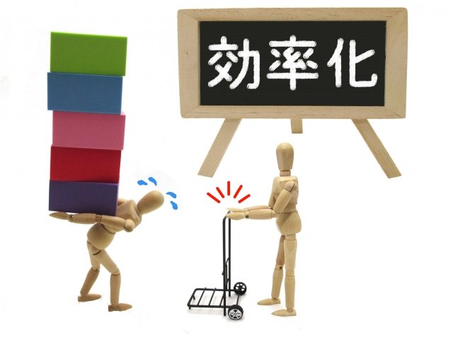 重い荷物を抱える人形と、台車で楽に運ぶ人形。黒板に「効率化」の文字